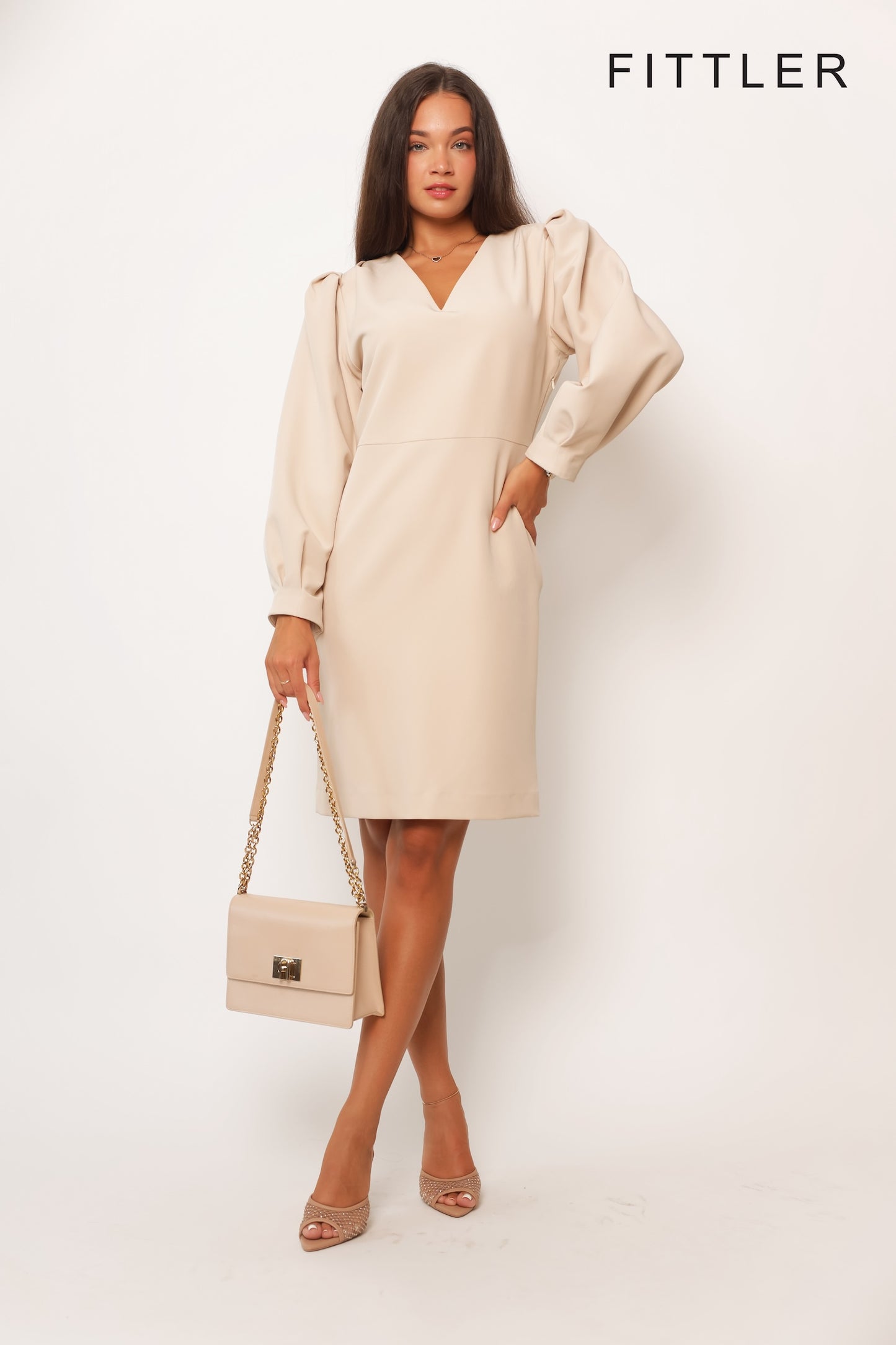 FITTLER 1 Hosszú ujjú elegáns ruha beige